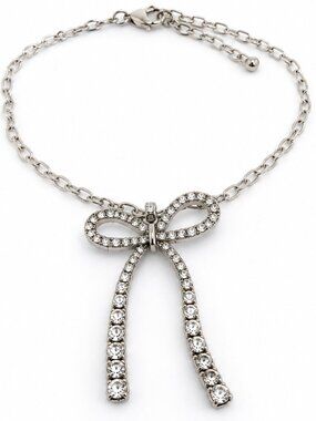 On 34th Silver Tone Crystal Bow Pendant Necklace